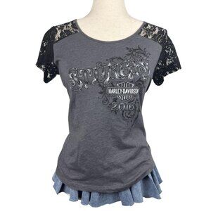 Harley-Davidson Sturgis Rally 2016 Lace Sleeve Gray Graphic Tee Women’s Small
